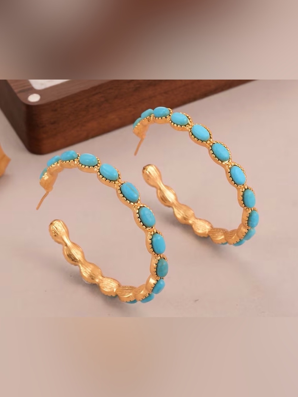 Western Gold Hoop Earrings with Turquoise Stones Bohemian Hoop Earrings